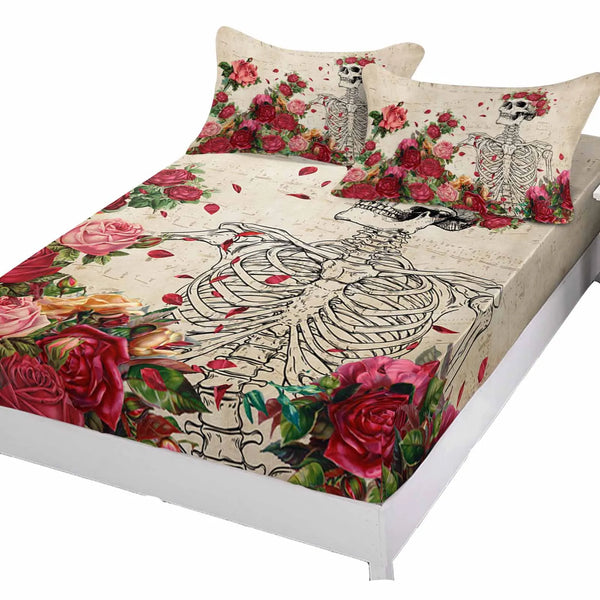 Skull Rose Fitted Bed Sheet Anti-slip Mattress Protector for Single Double King