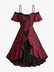 Gothic Cold Shoulder Dress Floral Jacquard Buckle For Women