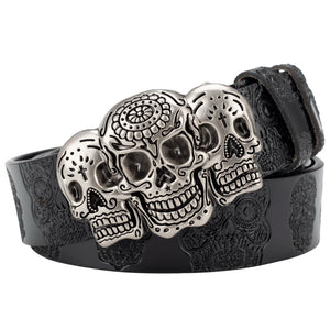 Skull Leather Embossed Belt With Silver Alloy Skull Buckle
