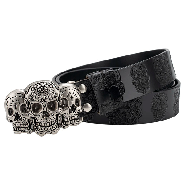 Skull Leather Embossed Belt With Silver Alloy Skull Buckle