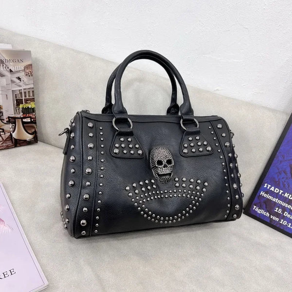 Women's Black Large Capacity Skull Handbag With Rivets