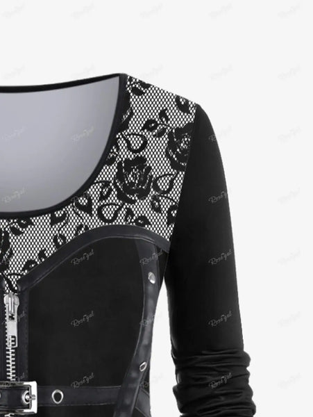 Gothic Graphic Long Sleeve Zipper Buckles Top for Plus Size Women