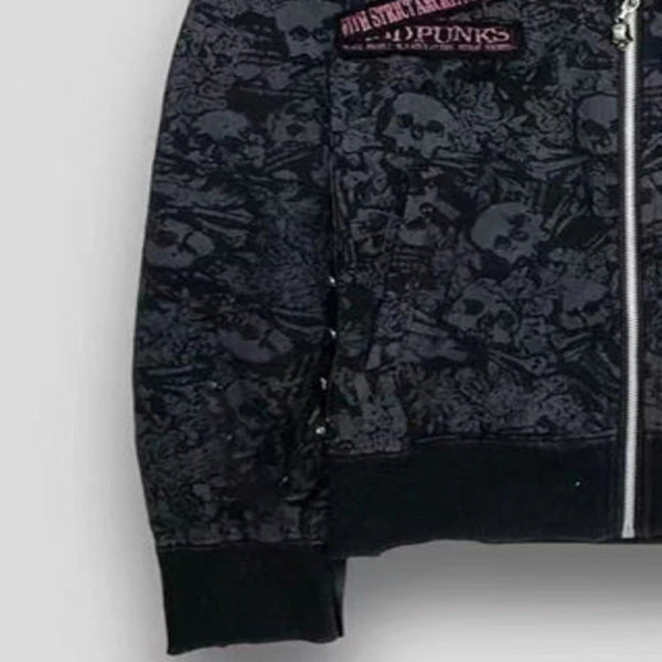 Women’s Vintage Goth Skull Print Hooded Jacket – Edgy Grunge Streetwear Zip-Up Coat