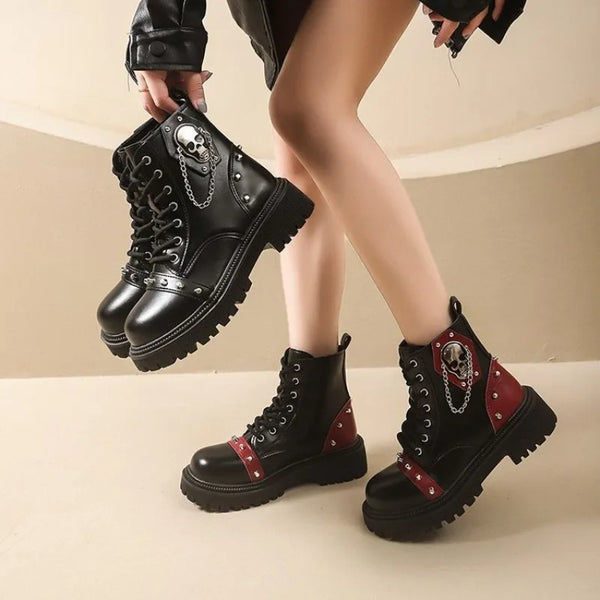 Women’s Punk Lace-Up Ankle Boots – Buckle Strap Platform Combat Booties