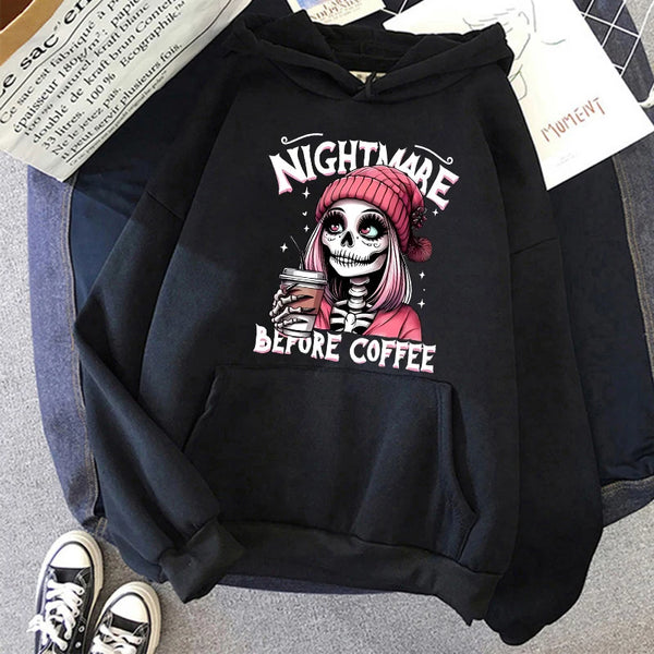 Women’s "Nightmare Before Coffee" Graphic Hoodie – Cozy Alt Gothic Pocket Sweatshirt