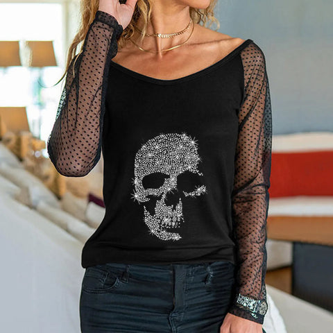 Women's Black Mesh Sheer O-Neck Rhinestine Skull Print Long Sleeve Blouse