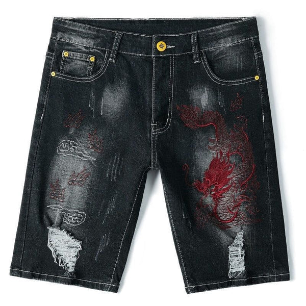 Embroidered Eagle Ripped Five Points Denim Shorts For Men