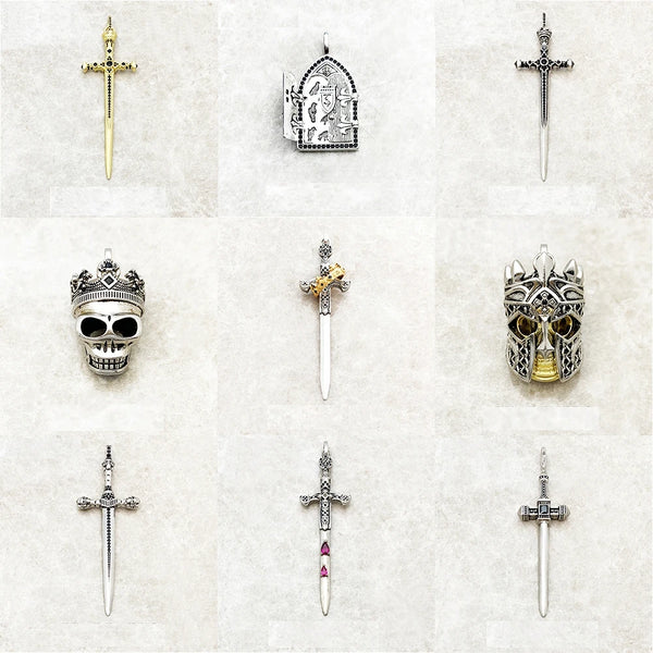Sword With Crown Skull Knight Sterling Silver Pendants For Necklaces