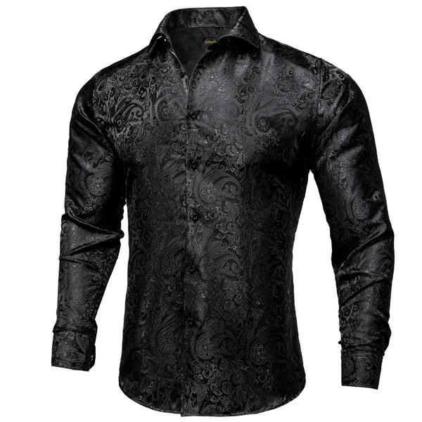 Men's Long Sleeve Black Paisley Silk Dress 15 Patterns
