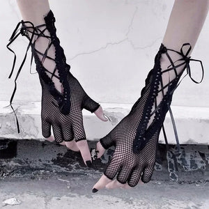 Gothic Lolita Fishnet Long Half-Finger Hand Gloves For Women