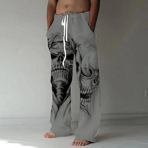 Men's Elastic Waist Skull Print Casual Pants with Drawstring