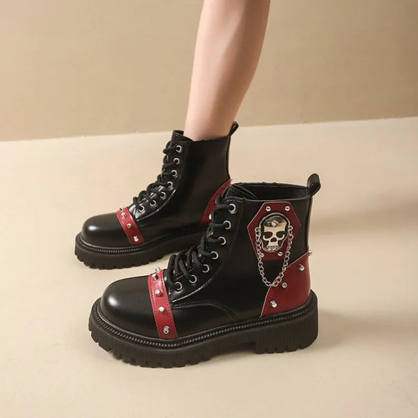 Women’s Punk Lace-Up Ankle Boots – Buckle Strap Platform Combat Booties