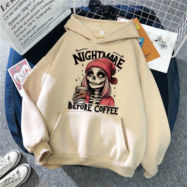 Women’s "Nightmare Before Coffee" Graphic Hoodie – Cozy Alt Gothic Pocket Sweatshirt