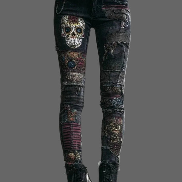 Men's Skull Flame Washed Biker Jeans - Gothic Streetwear Denim