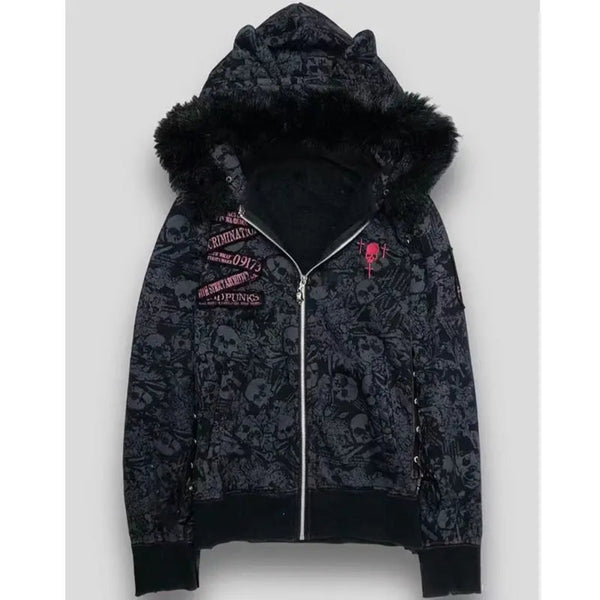 Women’s Vintage Goth Skull Print Hooded Jacket – Edgy Grunge Streetwear Zip-Up Coat