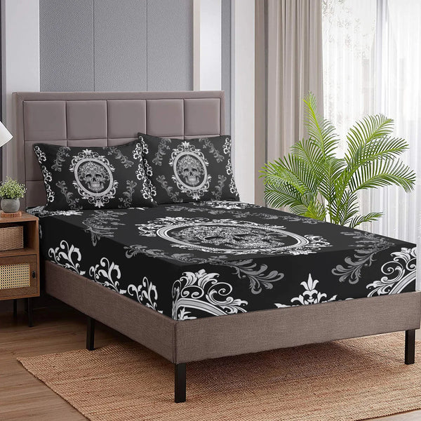 Tattooed Flower Skull Fitted Sheet Deep Pocket Lightweight Bedding Set