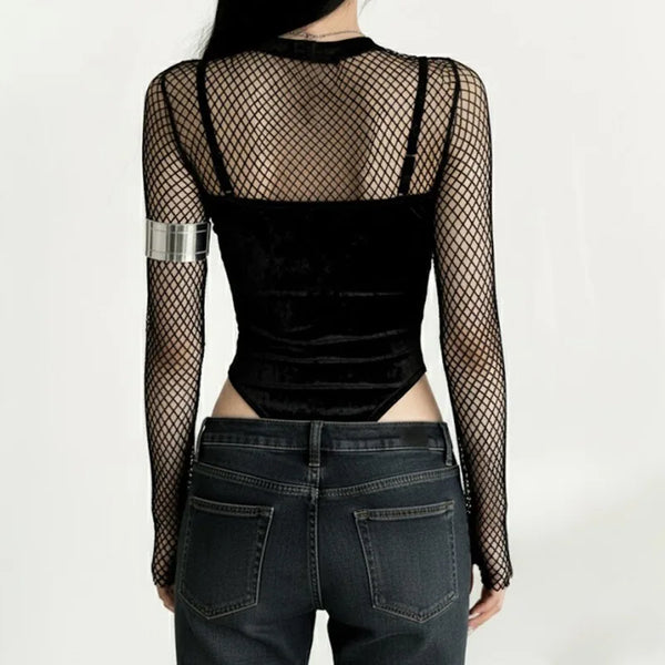 Women’s Dark Gothic Printed Velvet Bodysuit – Cyberpunk Grunge Alt One-Piece