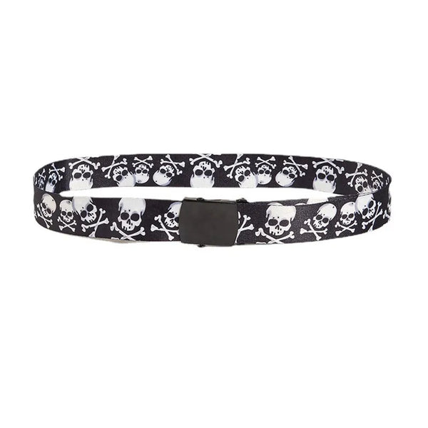 Skull Canvas Long Wasit Belt With Buckle or Ring Closure