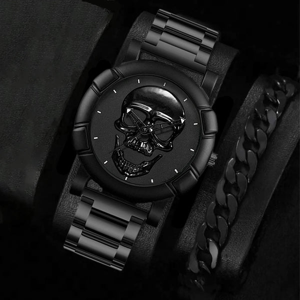 The Iron Skull Quartz Watch & Steel Link Bracelet Gift Set