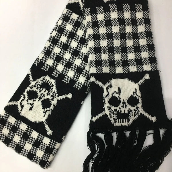 Women’s Skull Knitted Winter Scarf with Fringe – Soft Warm Alt Gothic Wrap