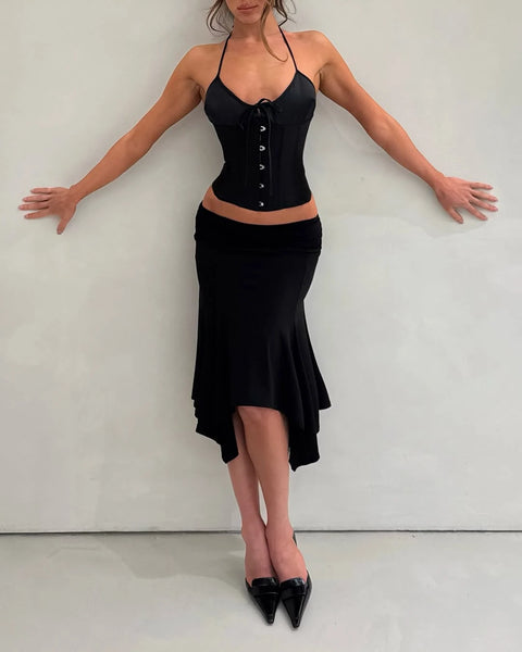 "Midnight Satin" Fishbone Corset Camisole | V-Neck Gothic Bustier