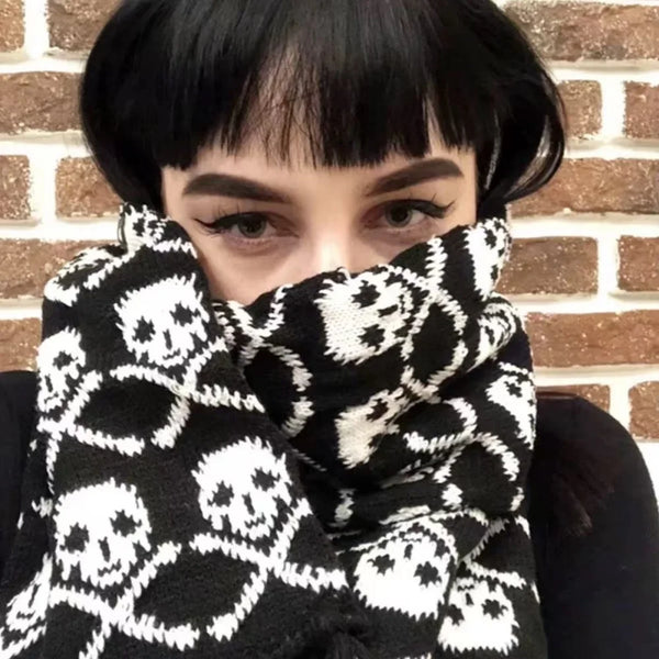 Women’s Skull Knitted Winter Scarf with Fringe – Soft Warm Alt Gothic Wrap