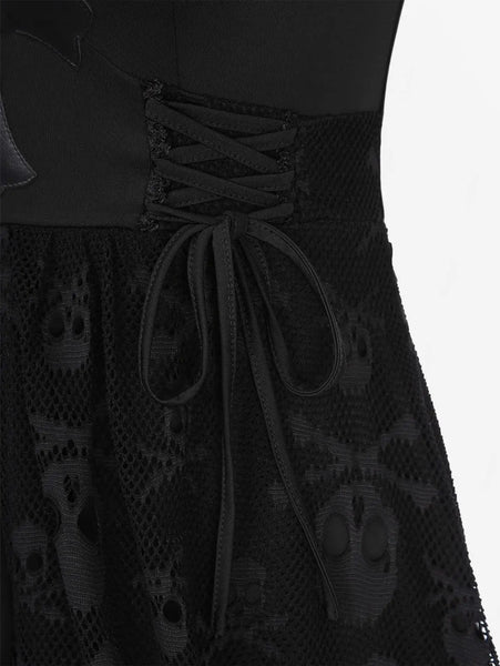 Plus Size Women's Gothic Lace-up Cross Skulls Lace Panel Dress With Rivets Straps