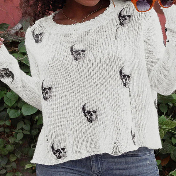 Women’s Loose Skull Print Knitted Sweater – Casual Long Sleeve Gothic Pullover