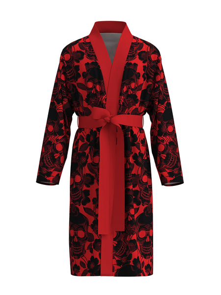 Men's Red Rose Skull Pattern Quick-Drying Bathrobe - Skin-Friendly Lounge Robe