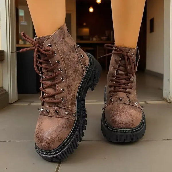 Women’s Punk Lace-Up Ankle Boots – Buckle Strap Platform Combat Booties