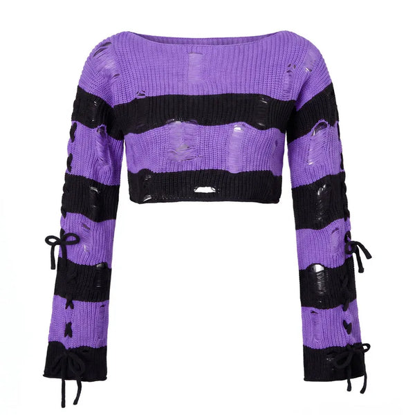 Women Striped Distressed Knit Crop Sweater - Side Lace Up Top
