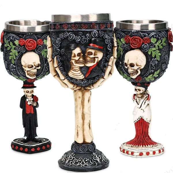 Skull Gothic Goblet Day of the Dead Bride And Groom Black Roses