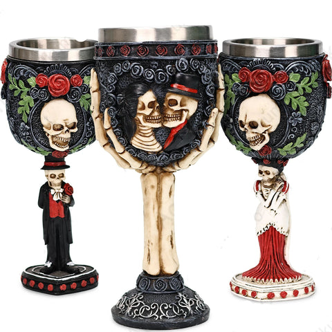 Skull Gothic Goblet Day of the Dead Bride And Groom Black Roses