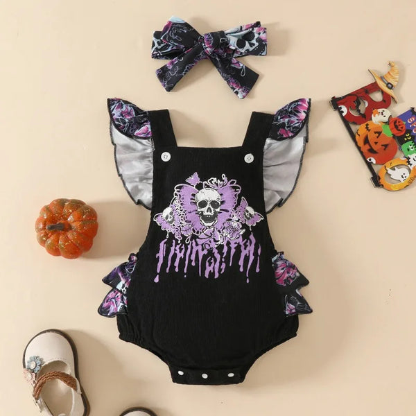 Little Omen | 2-Piece Gothic Butterfly & Skull Corduroy Romper Set