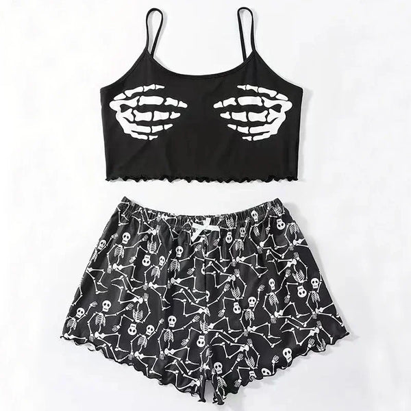 Women’s 2-Piece Skull Print Pajama Set – Short-Sleeve Lounge & Sleepwear Suit