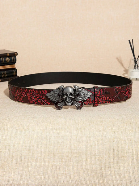 The Crimson Requiem™ Skull Buckle Belt | Burgundy Floral Embossed Gothic Accessory