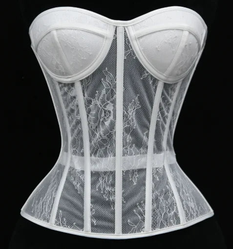 Ethereal Bone | Hollow-Out Mesh & Lace Bustier Top