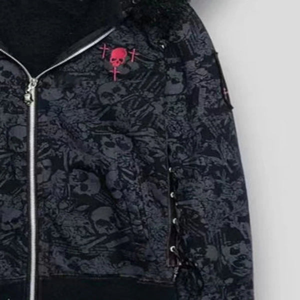 Women’s Vintage Goth Skull Print Hooded Jacket – Edgy Grunge Streetwear Zip-Up Coat