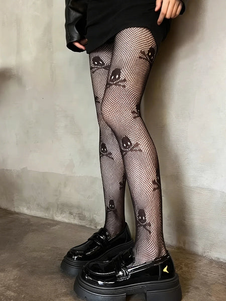 Women’s Skull & Crossbones Fishnet Pantyhose – High-Stretch Gothic Hosiery