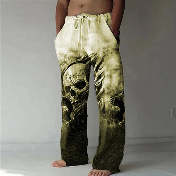 Men's Elastic Waist Skull Print Casual Pants with Drawstring