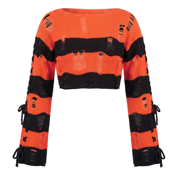 Women Striped Distressed Knit Crop Sweater - Side Lace Up Top