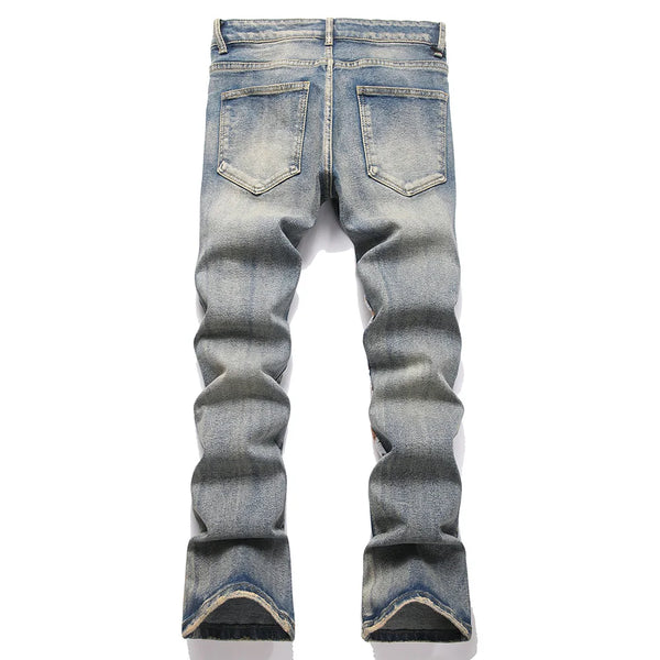 Men's Skull Boot Cut Denim Jeans - Vintage Blue Devil Embroidery Slim Flared Trousers