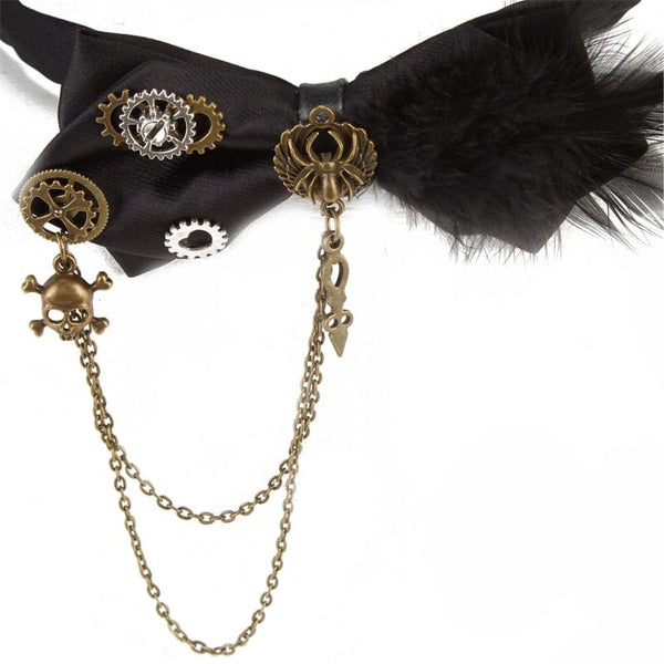 Steampunk Vintage Gothic Skull Feather Gear Bowtie