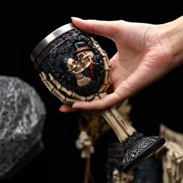 Skull Gothic Goblet Day of the Dead Bride And Groom Black Roses