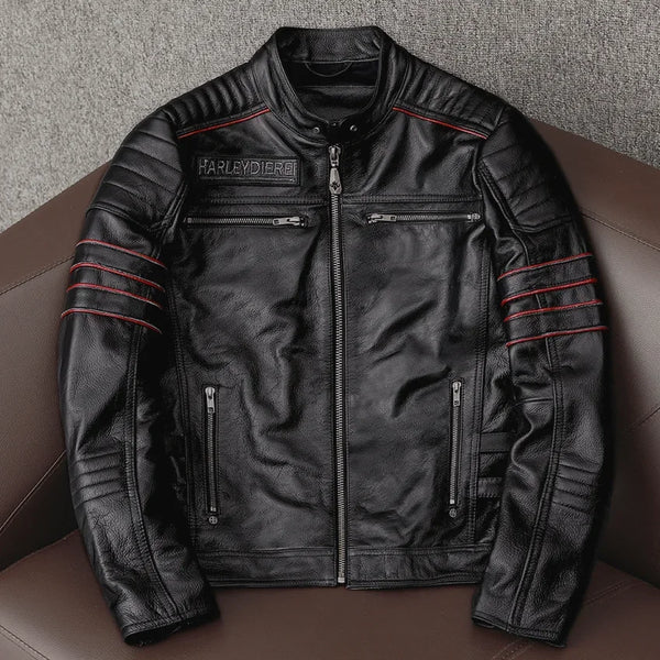 Men's Genuine Leather Motorcycle Jacket - Skull Embroidery