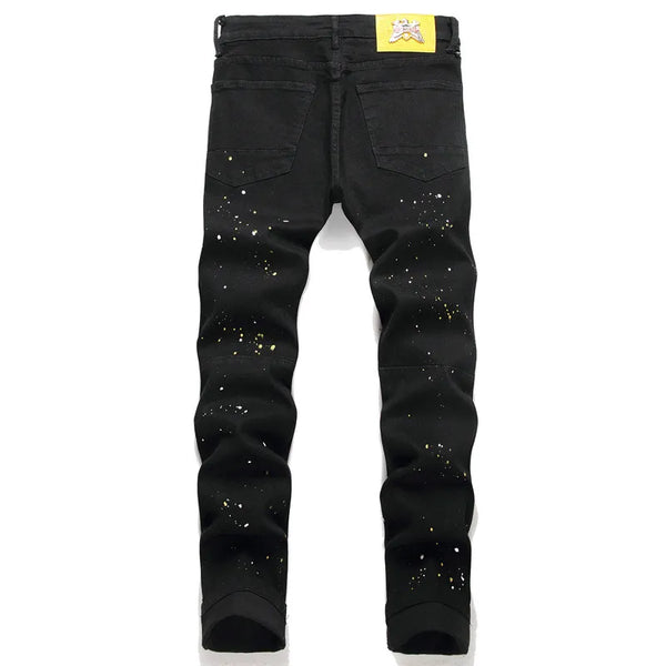 Punk Style Men's Black Ripped Embroidery Printed Jeans