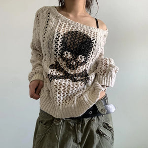 Skull Print Hollow Out Long Sleeve Knitted Sweater