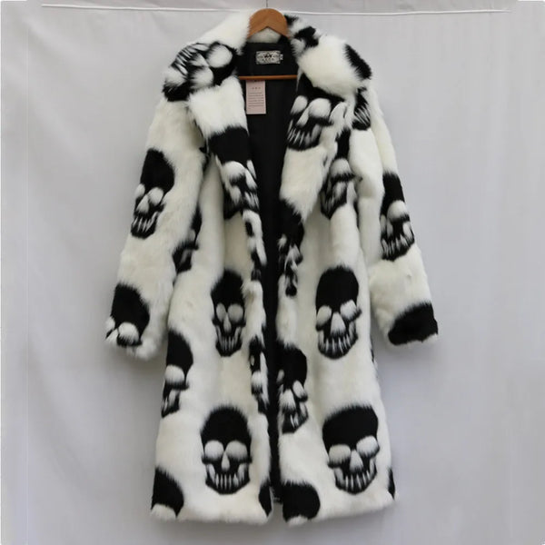Winter Warm Skulls Pattern Woman's Punk Faux Fur Long Jacket