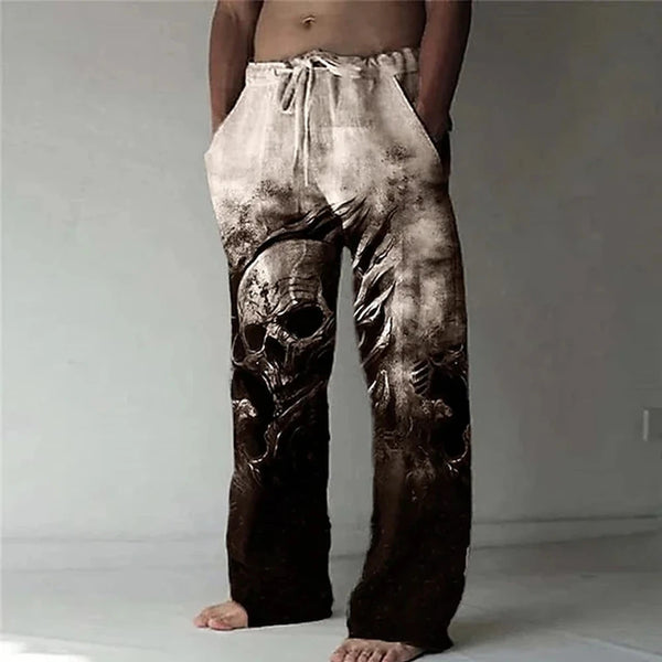 Men's Elastic Waist Skull Print Casual Pants with Drawstring