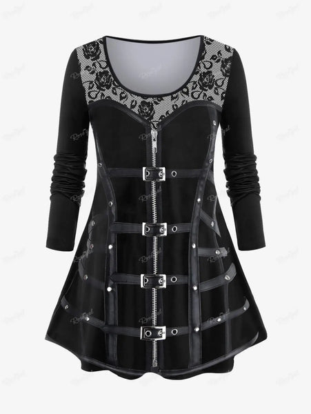 Gothic Graphic Long Sleeve Zipper Buckles Top for Plus Size Women